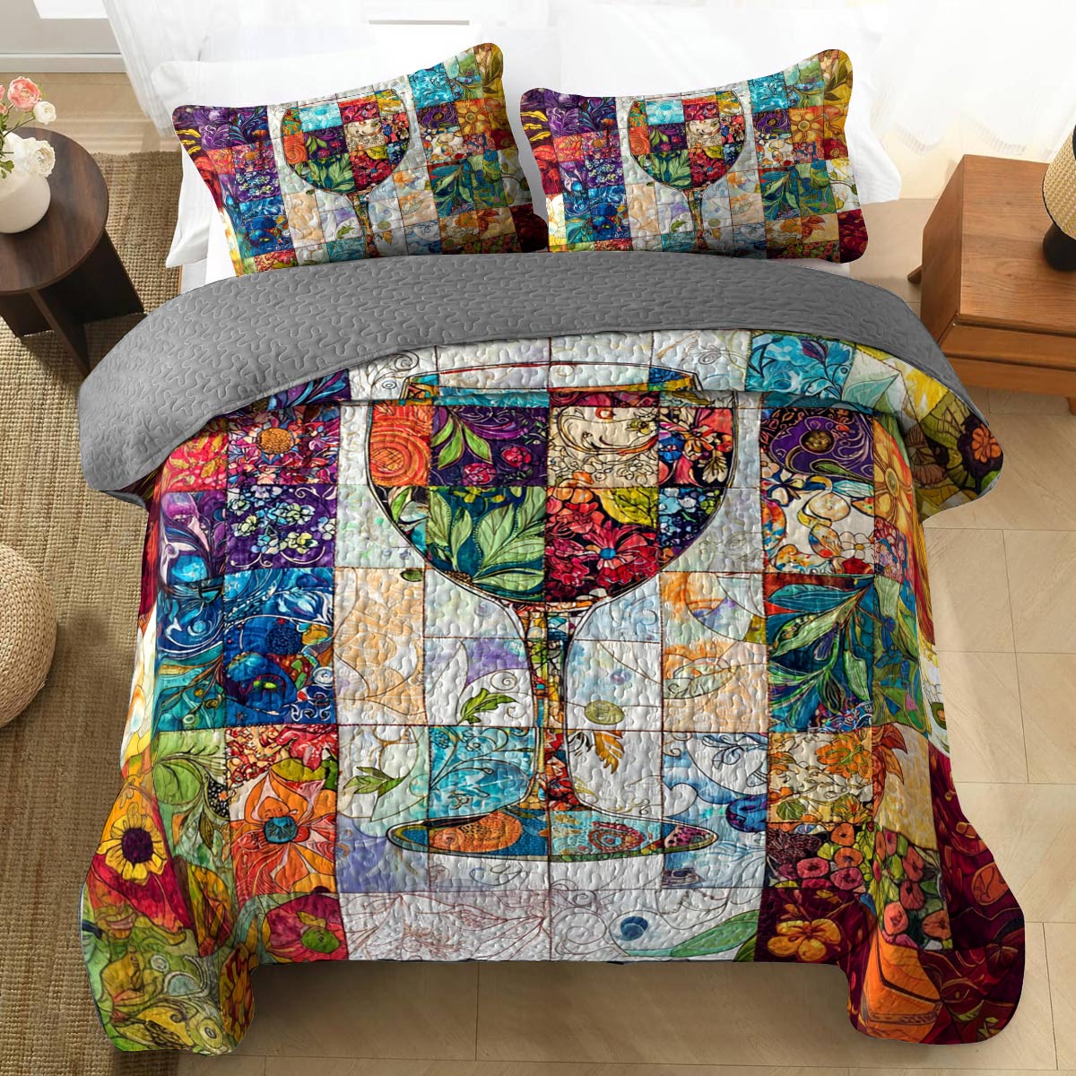Shineful All Season Quilt 3-Piece Set Classical Wine glass