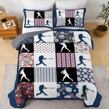 Shineful All Season Quilt 3-Piece Set Patriotic Baseball Patchwork