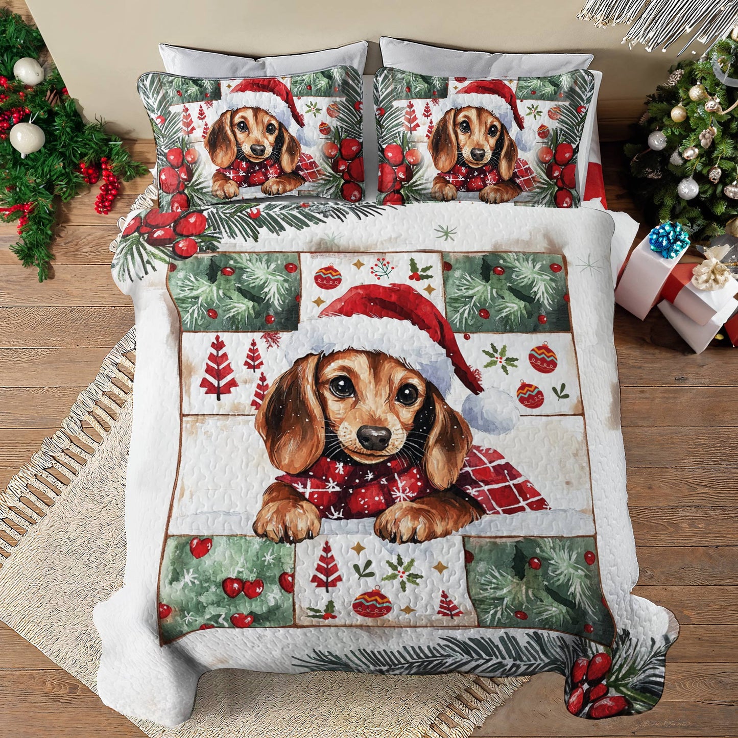 Shineful All Season Quilt 3-Piece Set Festive Dachshund