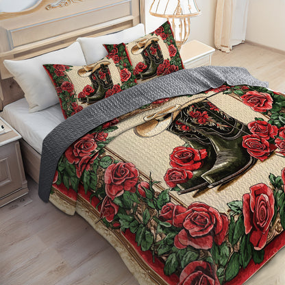 Shineful All Season Quilt 3-Piece Set Cowboy Boots And Roses