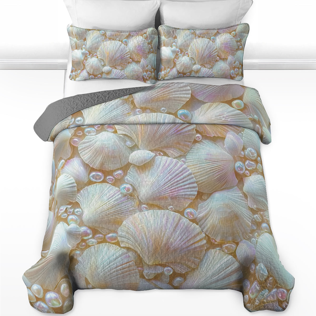 Shineful All Season Quilt 3-Piece Set Shimmer Seashells And Pearls