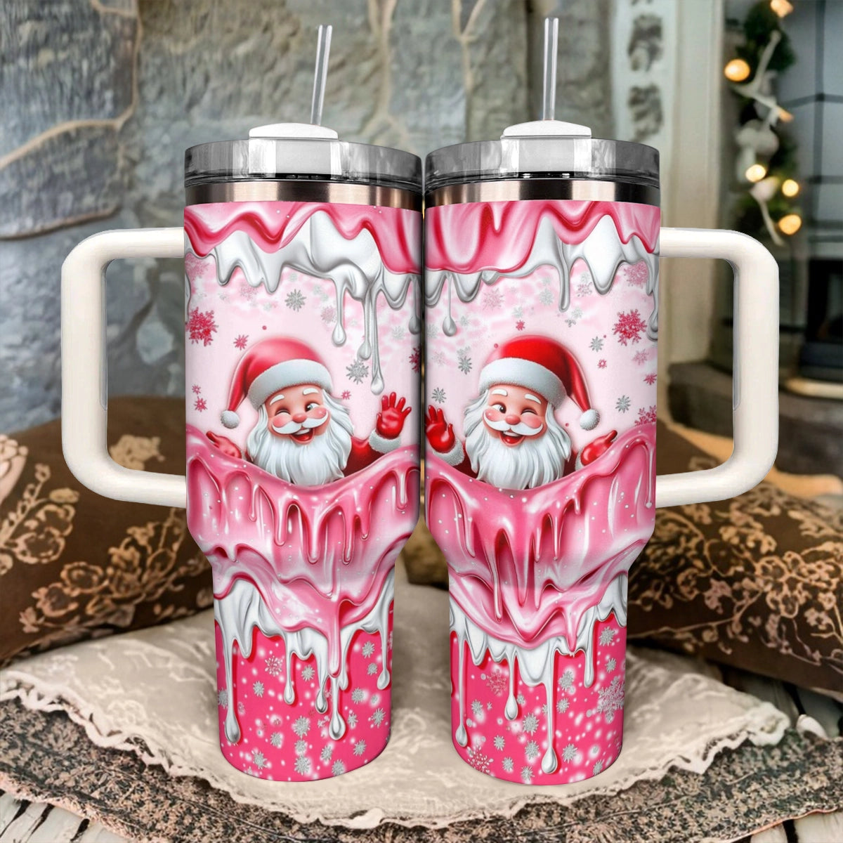 Shineful Glossy Tumbler Santa  Pink Holiday Cheer