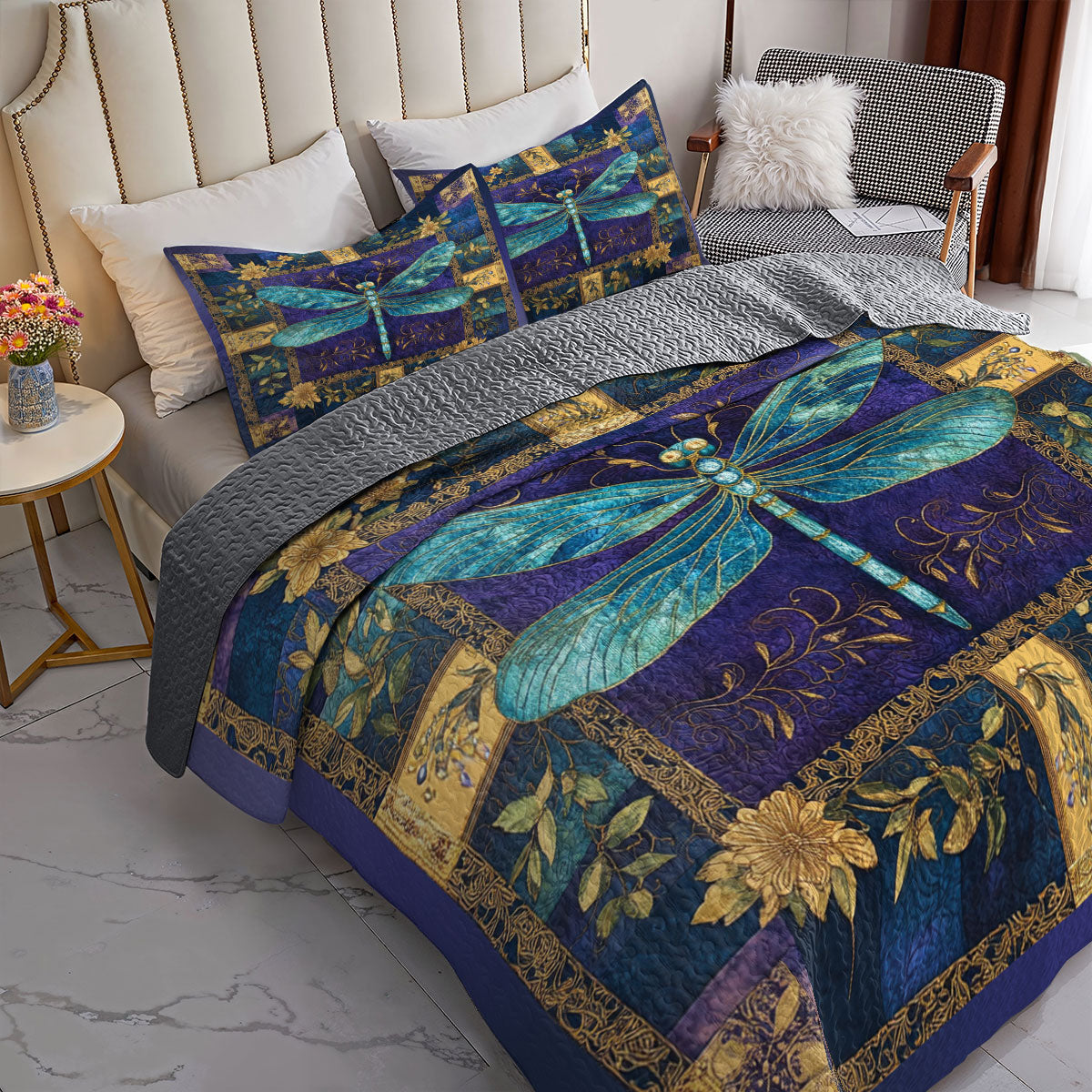 Shineful All Season Quilt 3-Piece Set Sapphire Dragonfly