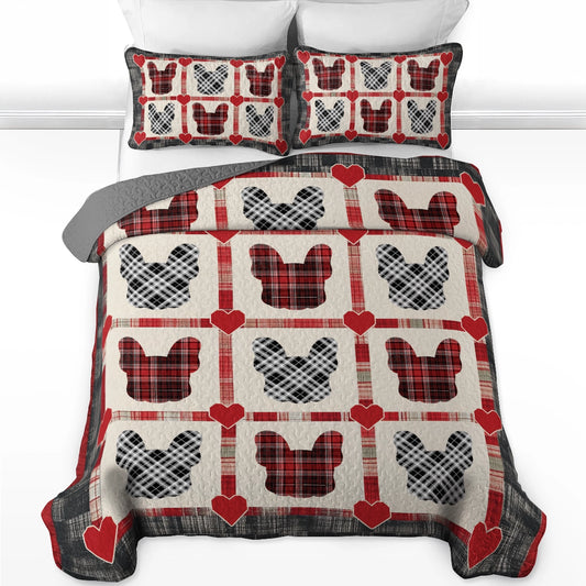 Shineful All Season Quilt 3-Piece Set French Bulldog Love Plaid