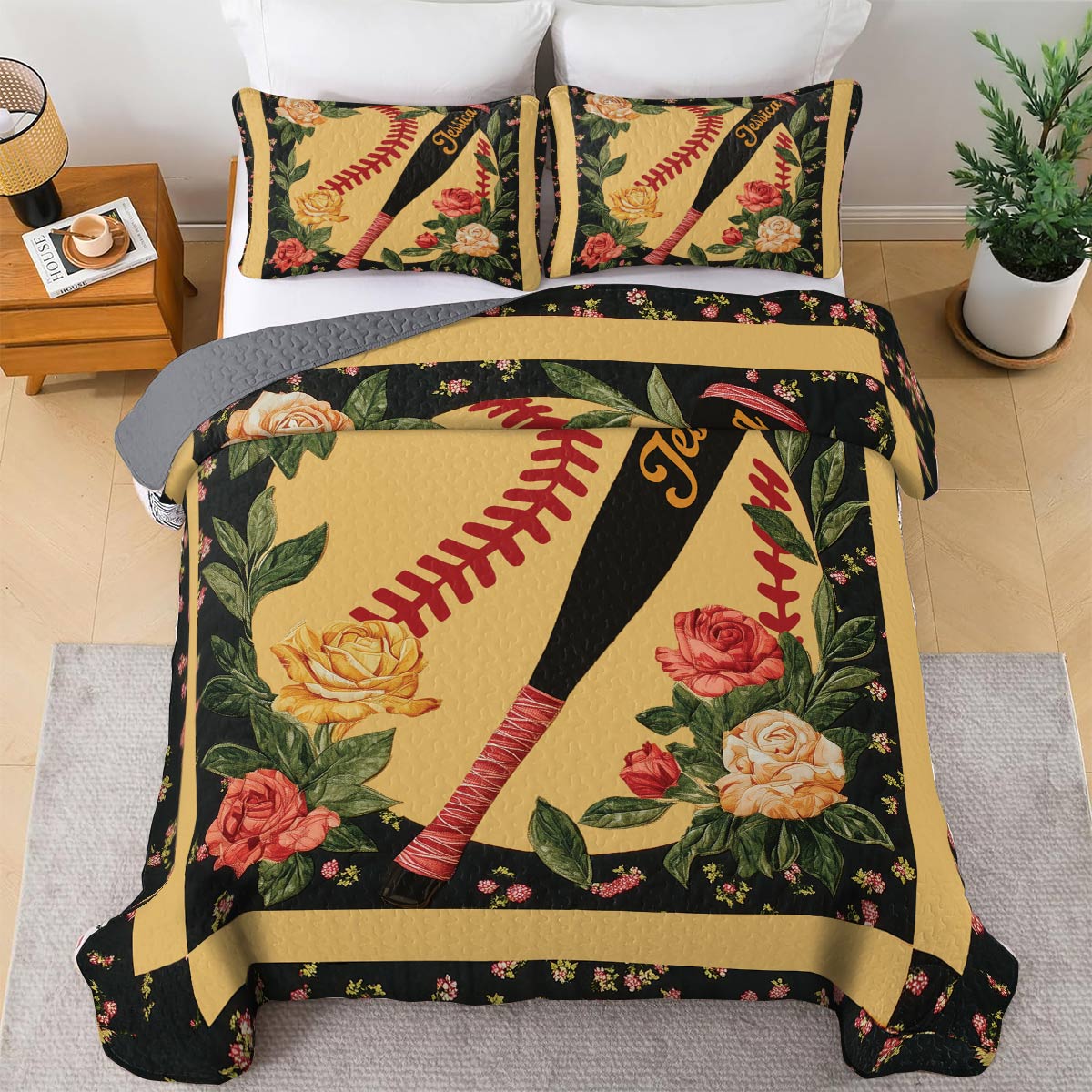 Shineful All Season Quilt 3-Piece Set - Personalized Softball & Foral Fusion