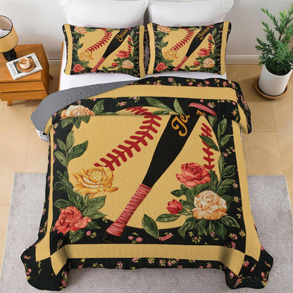 Shineful All Season Quilt 3-Piece Set - Personalized Softball & Foral Fusion