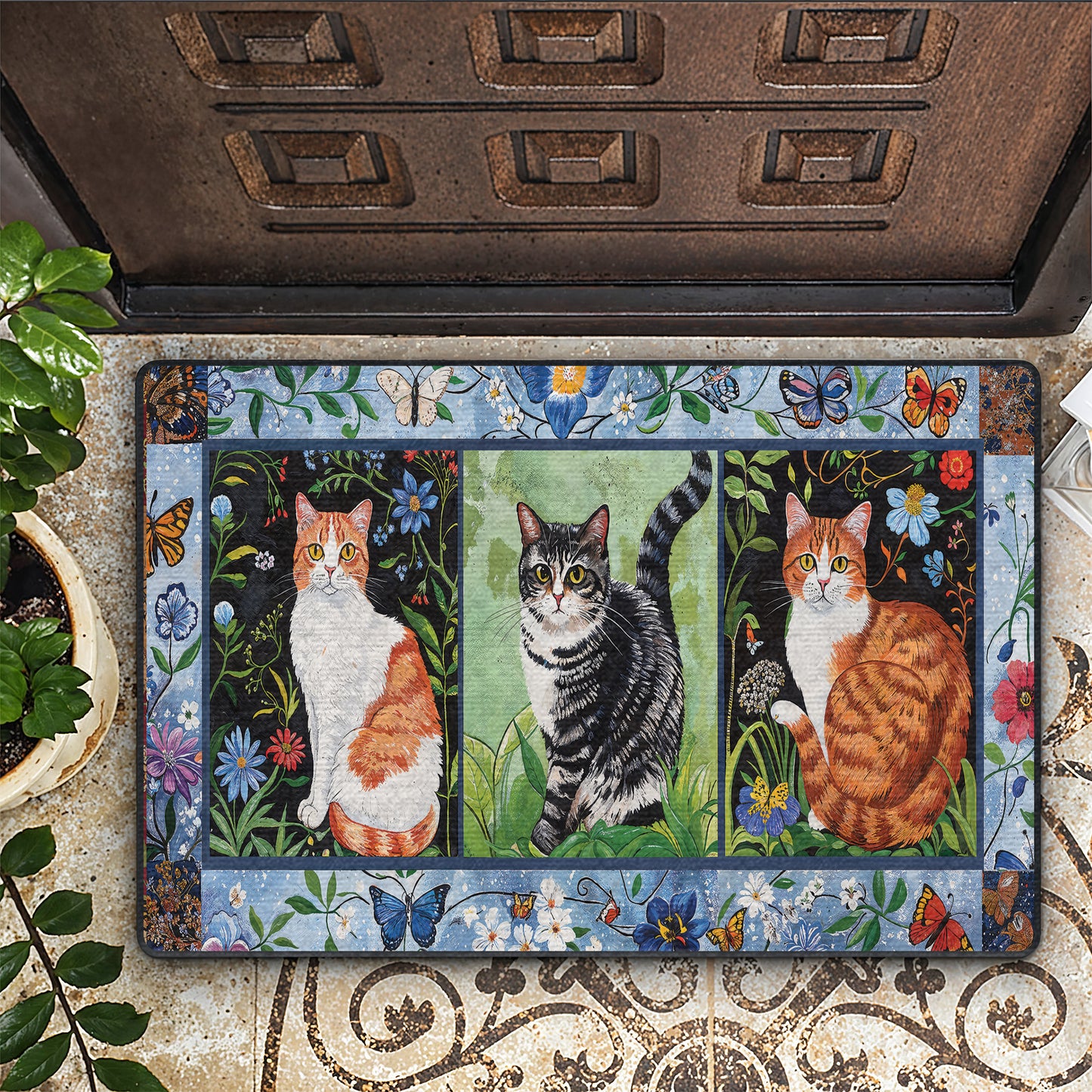 Shineful Ultra-Thin Non Skid Floor Mat, Kitchen Rugs Cat Floral Felines