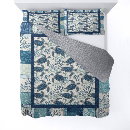 Shineful All Season Quilt 3-Piece Set Blue Ocean Turtle