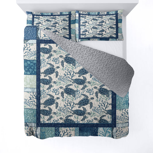 Shineful All Season Quilt 3-Piece Set Blue Ocean Turtle