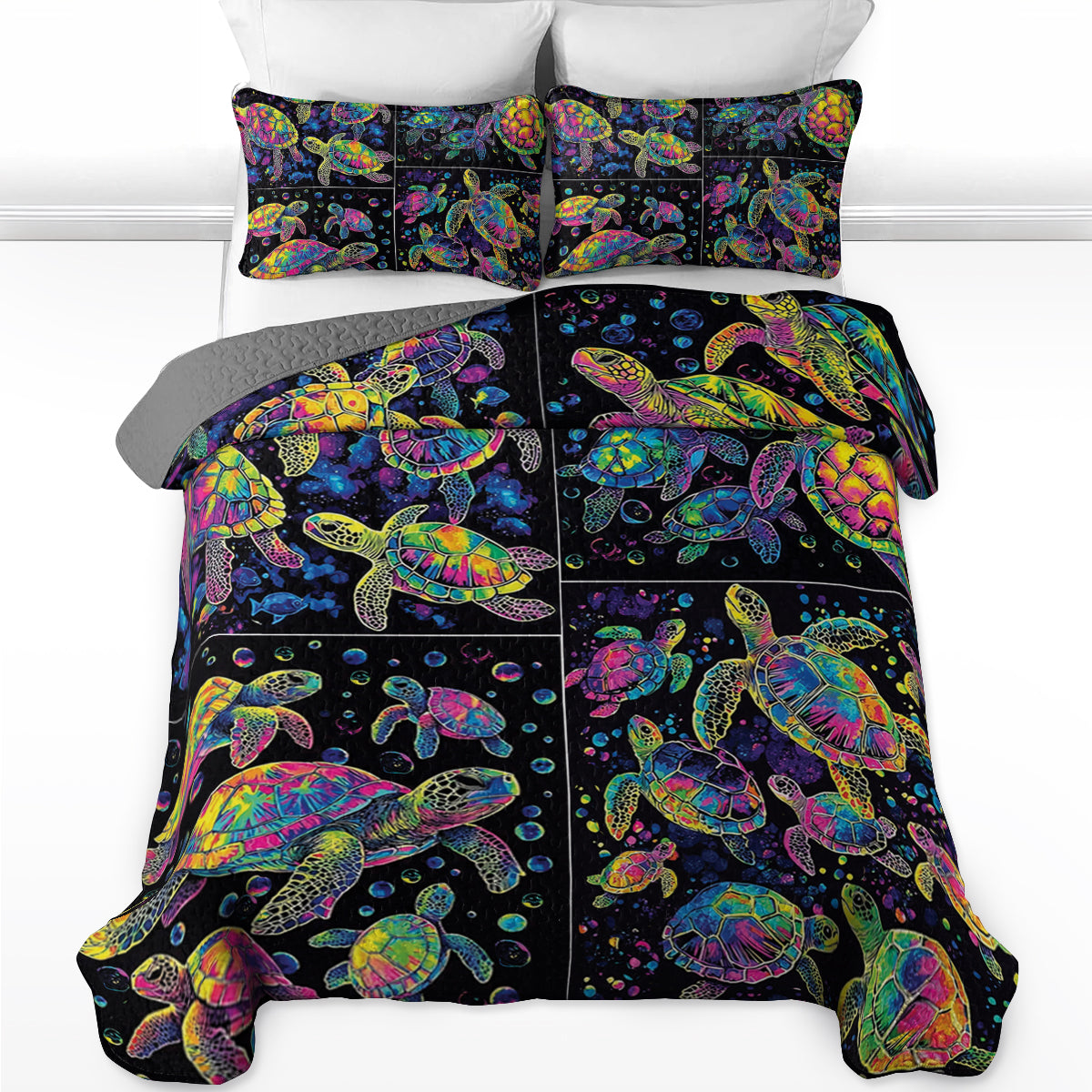 Shineful All Season Quilt 3-Piece Set Neon Bubble Sea Turtle