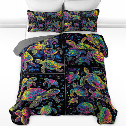 Shineful All Season Quilt 3-Piece Set Neon Bubble Sea Turtle