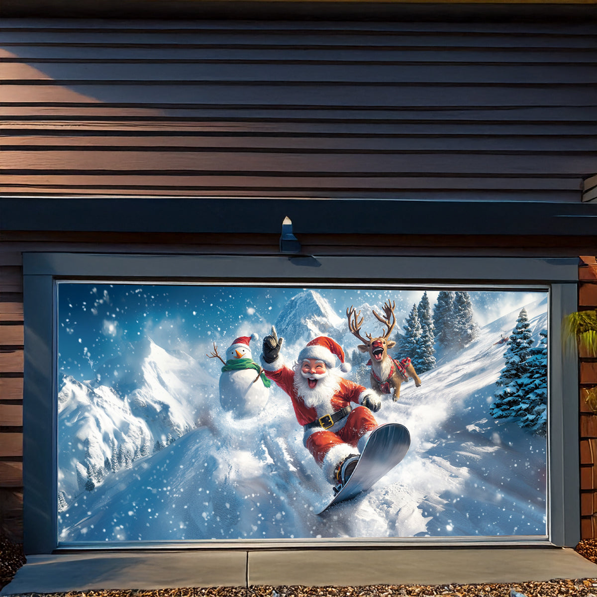 Shineful Garage Door Banner Decoration - Santa Snowboarding