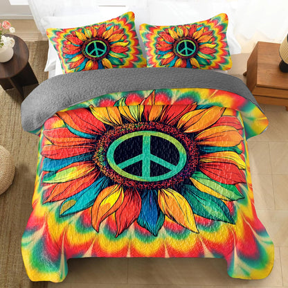 Shineful All Season Quilt 3-Piece Set - Hippie Peace & Love Sunflower