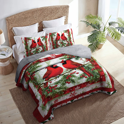 Shineful All Season Quilt 3-Piece Set - Festive Cardinals and Holly Quilt