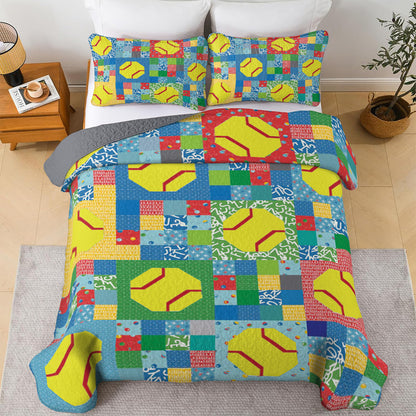 Shineful All Season Quilt 3-Piece Set Bright Softbal Patchwork