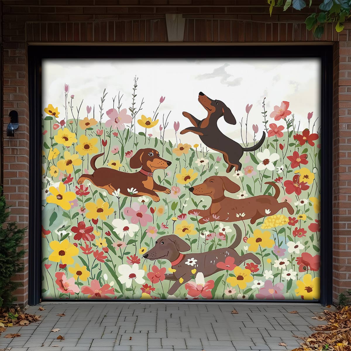 Shineful Garage Door Banner Decoration Dachshund In Flower Garden