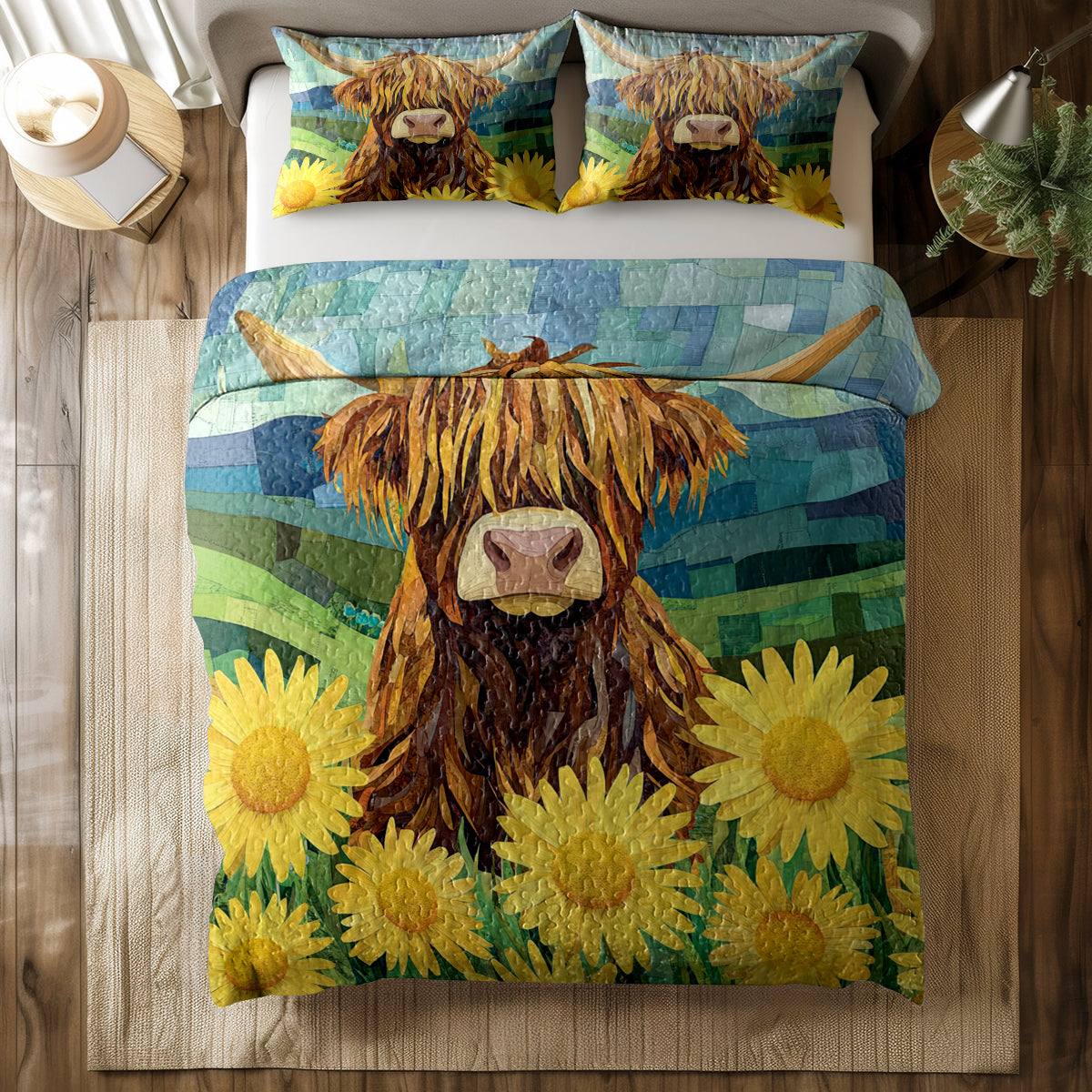 Shineful All Season Quilt 3-Piece Set Highland Cow On Green Field