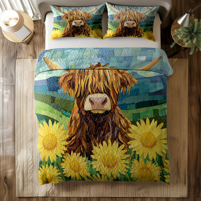 Shineful All Season Quilt 3-Piece Set Highland Cow On Green Field