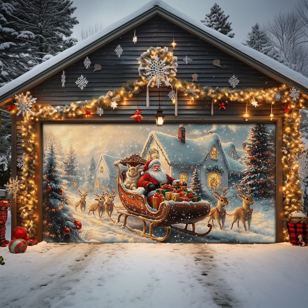 Shineful Garage Door Banner Decoration Magic Sleigh