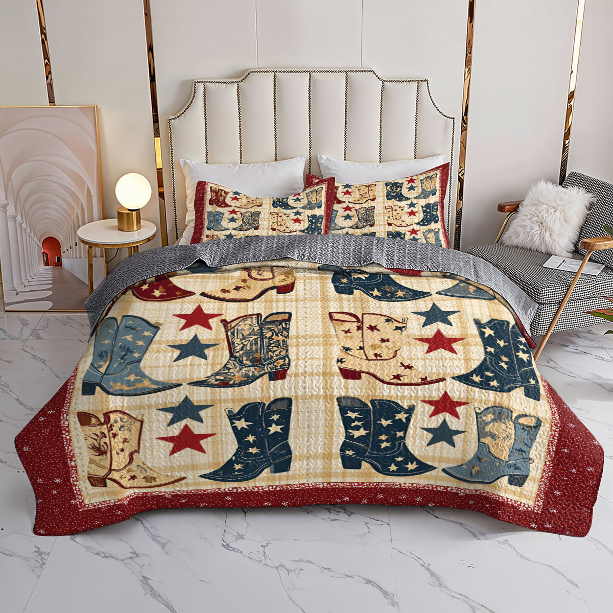 Shineful All Season Quilt 3-Piece Set Vintage Cowboy Boots