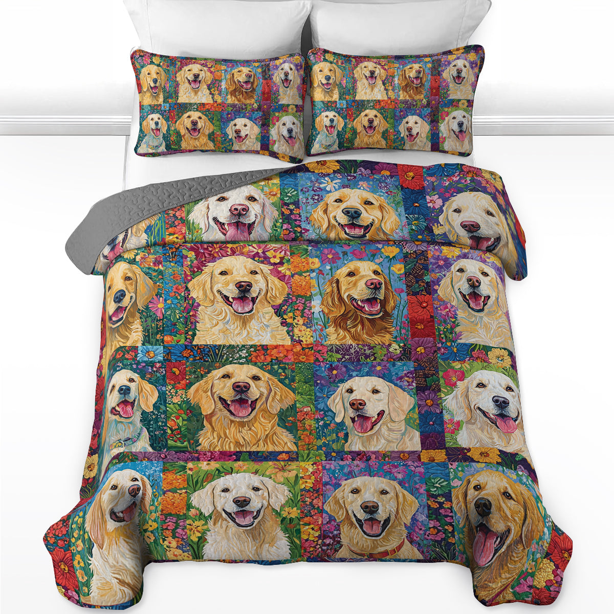 Shineful All Season Quilt 3-Piece Set Floral Golden Retriever Patchwork