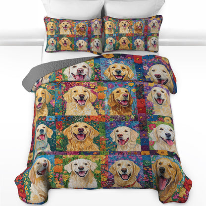 Shineful All Season Quilt 3-Piece Set Floral Golden Retriever Patchwork