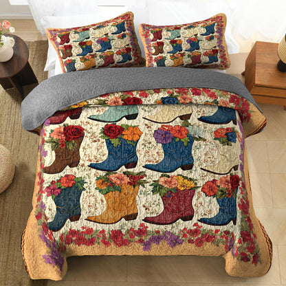 Shineful All Season Quilt 3-Piece Set Cowboy Boots And Flowers Pattern