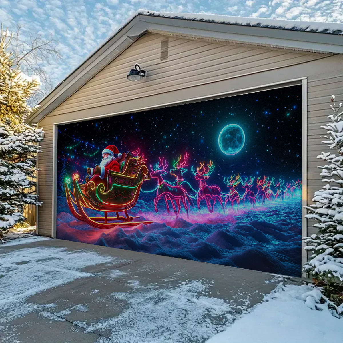 Shineful Garage Door Banner Decoration - Neon Santa Sleigh