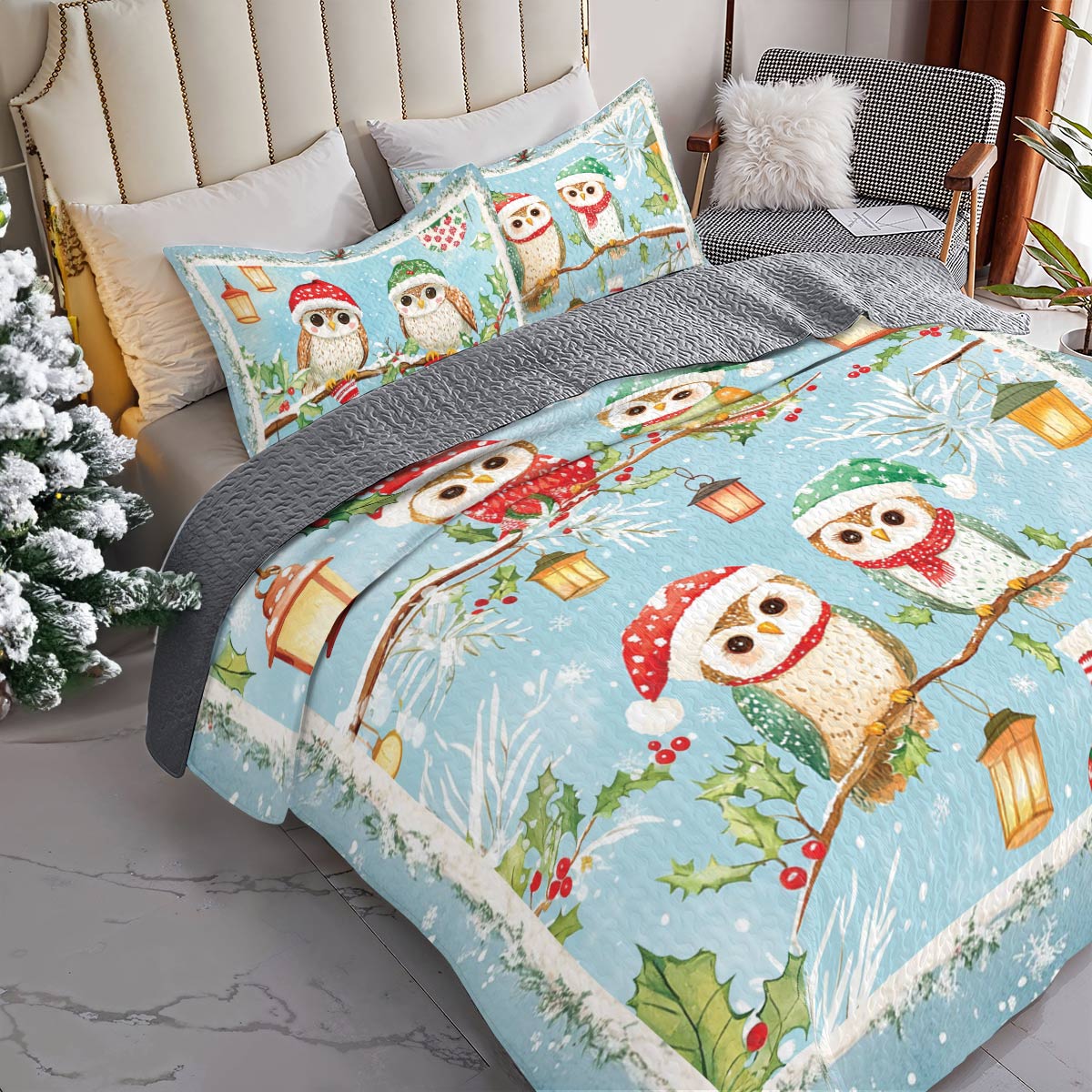 Shineful All Season Quilt 3-Piece Set Owl Christmas