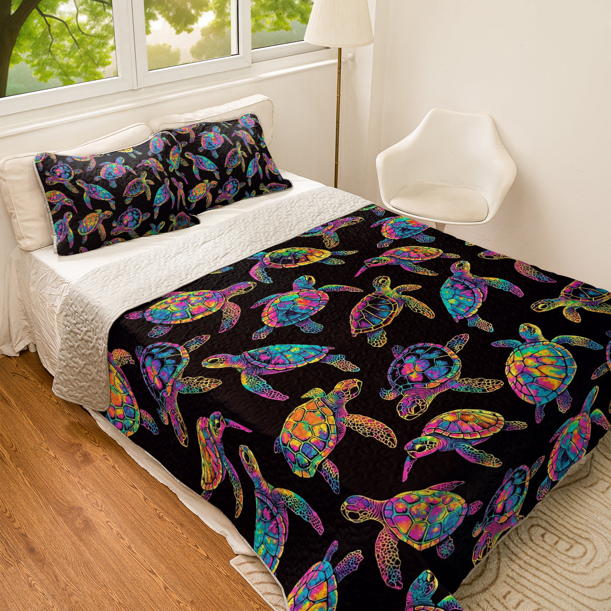 Shineful All Season Quilt 3-Piece Set Underwater Neon Sea Turtle