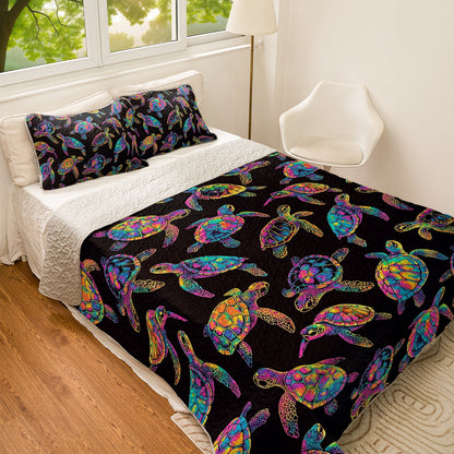 Shineful All Season Quilt 3-Piece Set Underwater Neon Sea Turtle