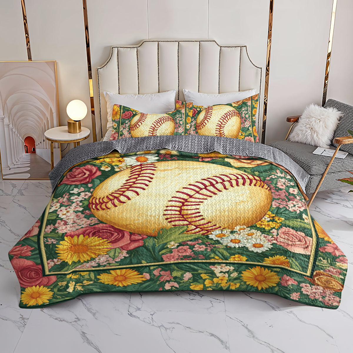 Shineful All Season Quilt 3-Piece Set Floral Softball Dream