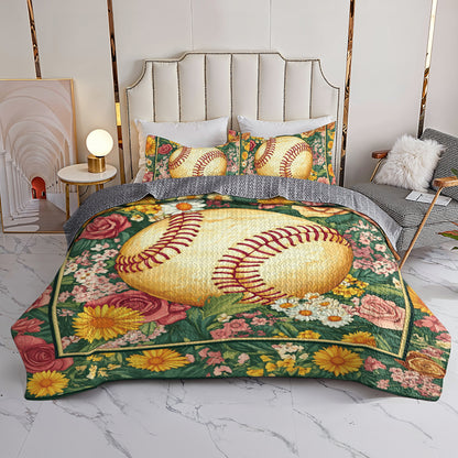 Shineful All Season Quilt 3-Piece Set Floral Softball Dream