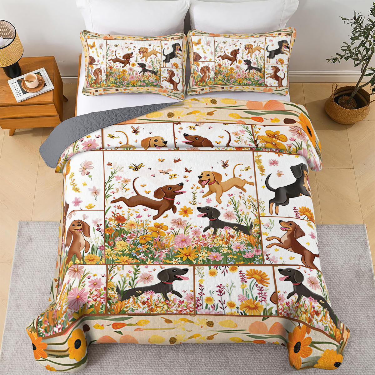 Shineful All Season Quilt 3-Piece Set - Garden Playtime with Dachshund