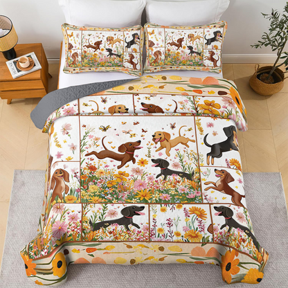 Shineful All Season Quilt 3-Piece Set - Garden Playtime with Dachshund