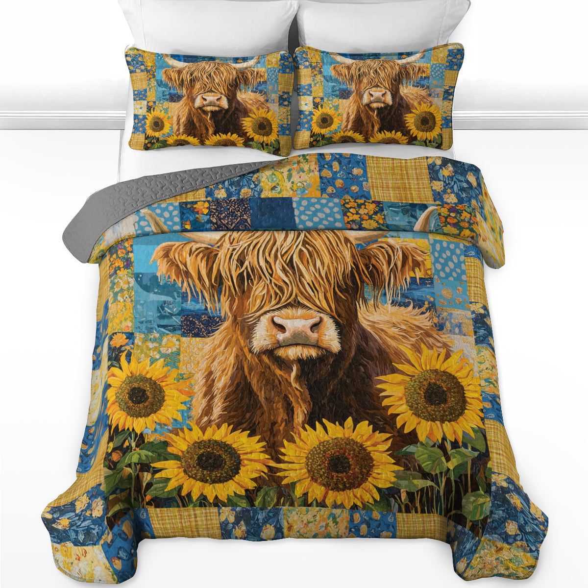 Shineful All Season Quilt 3-Piece Set Sunflower Highland Cow