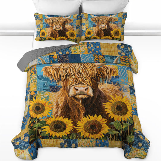 Shineful All Season Quilt 3-Piece Set Sunflower Highland Cow