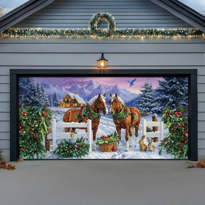 Shineful Garage Door Banner Decoration Festive Horses in Winter Wonderland