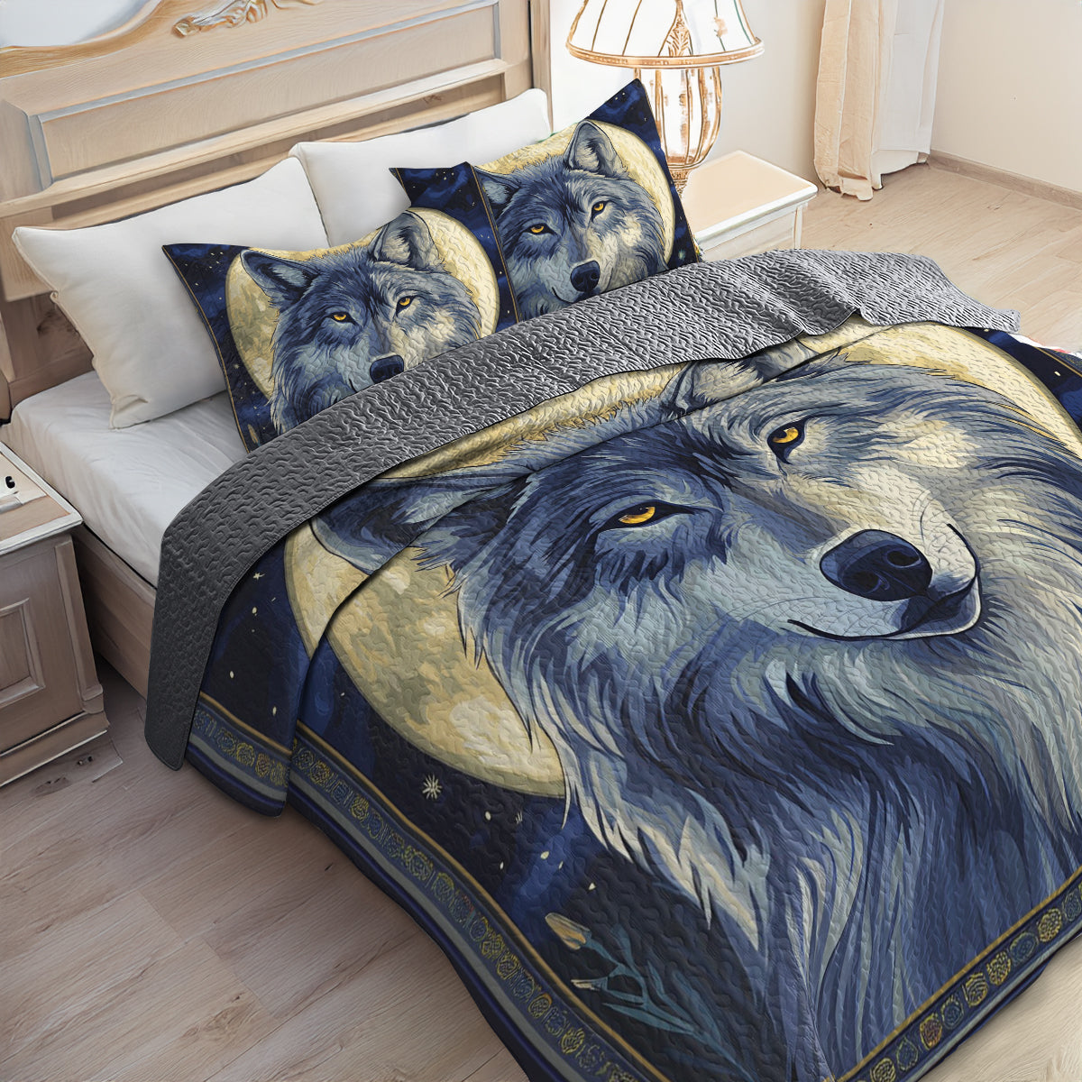 Shineful All Season Quilt 3-Piece Set Wolf In The Full Moon