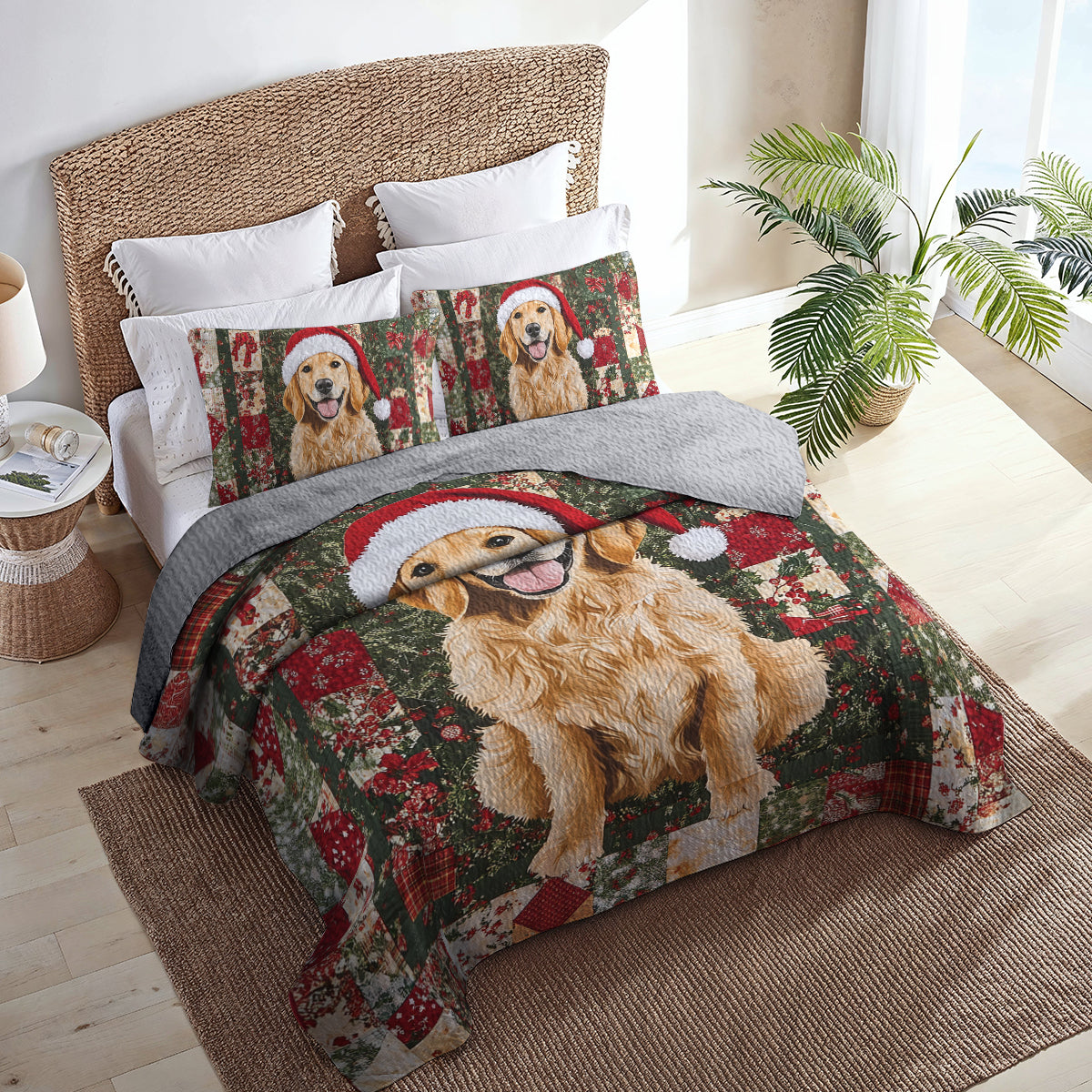 Shineful All Season Quilt 3-Piece Set Golden Retriever Christmas