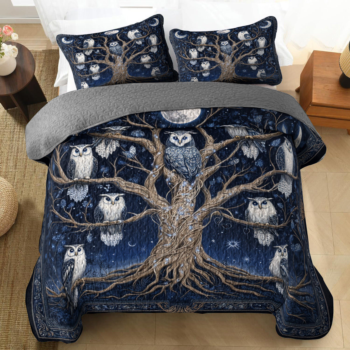 Shineful All Season Quilt 3-Piece Set Midnight Owl Tree Of Life