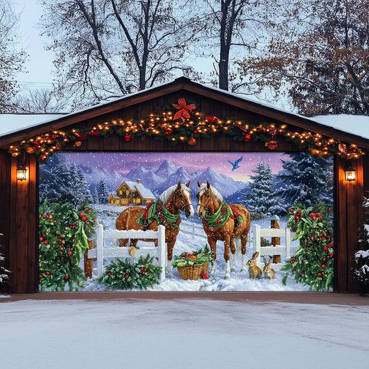 Shineful Garage Door Banner Decoration Festive Horses in Winter Wonderland