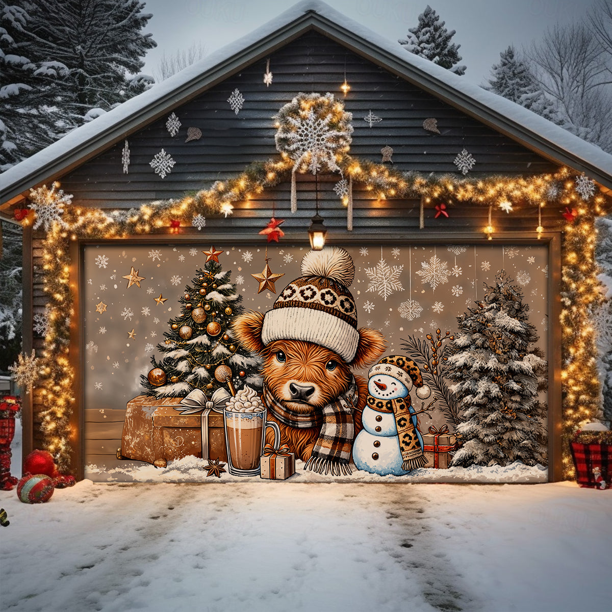 Shineful Garage Door Banner Decoration Cozy Cow Winter Wonderland Edition