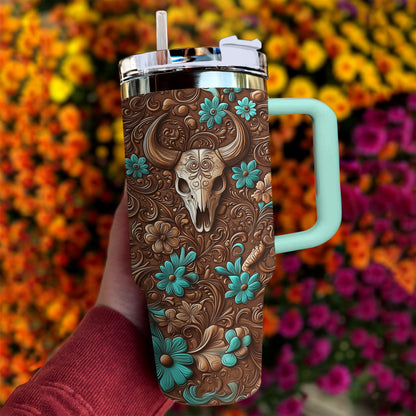 Shineful Tumbler Leather Tooling With Cow Skull Pattern