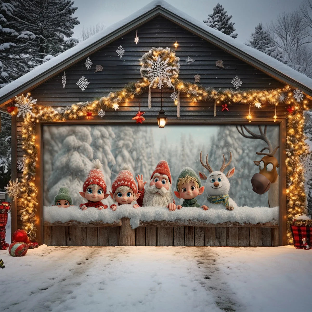 Shineful Garage Door Banner Decoration Elves & Reindeer Holiday Peek