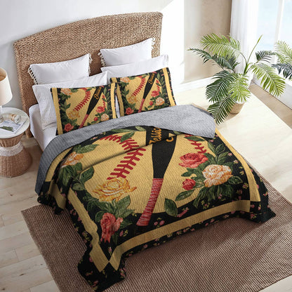 Shineful All Season Quilt 3-Piece Set - Personalized Softball & Foral Fusion