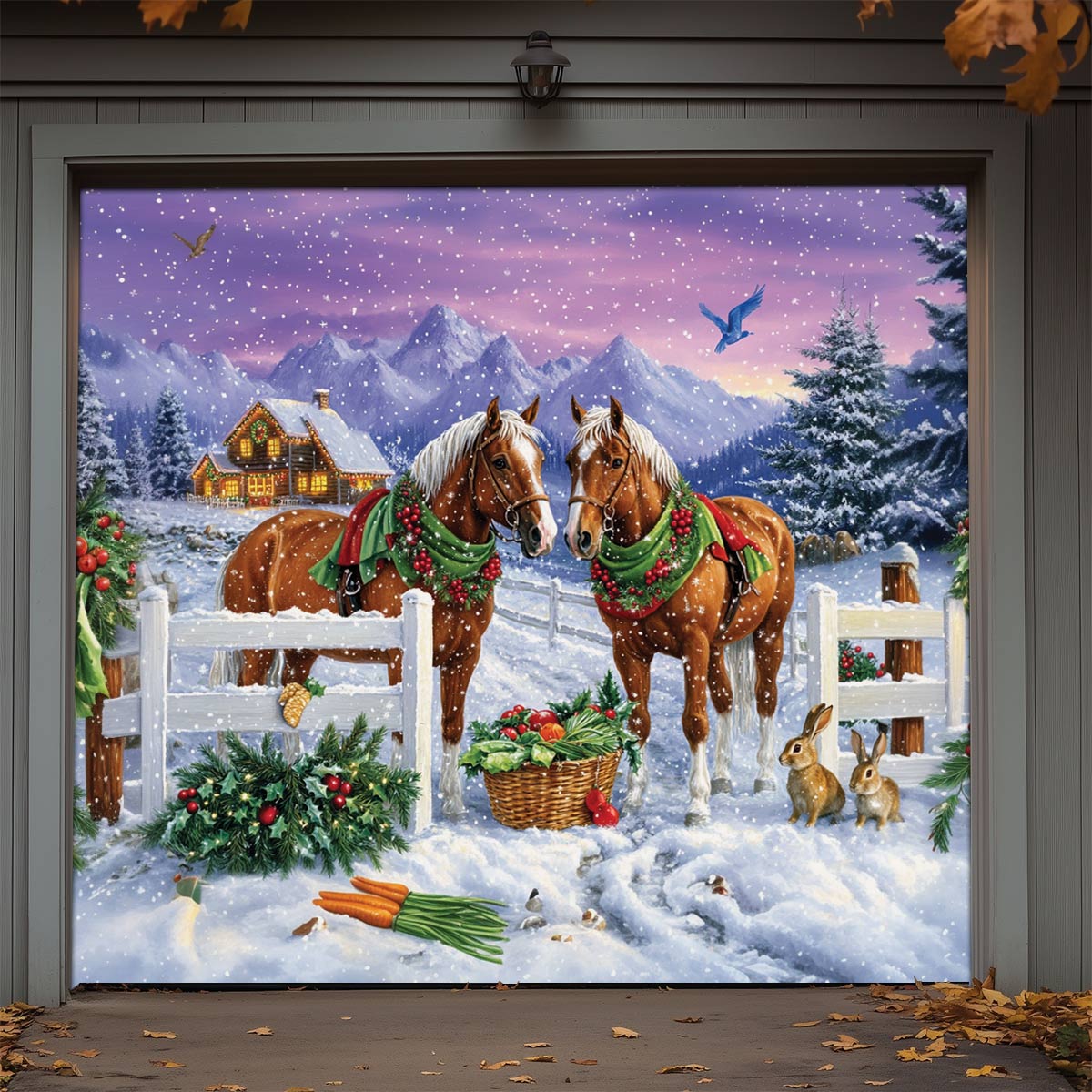 Shineful Garage Door Banner Decoration Festive Horses in Winter Wonderland