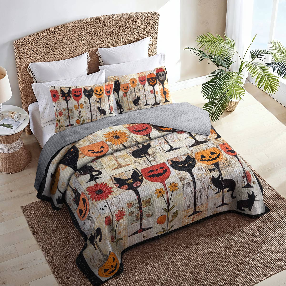 Shineful All Season Quilt 3-Piece Set Cute Halloween Wine Glasses