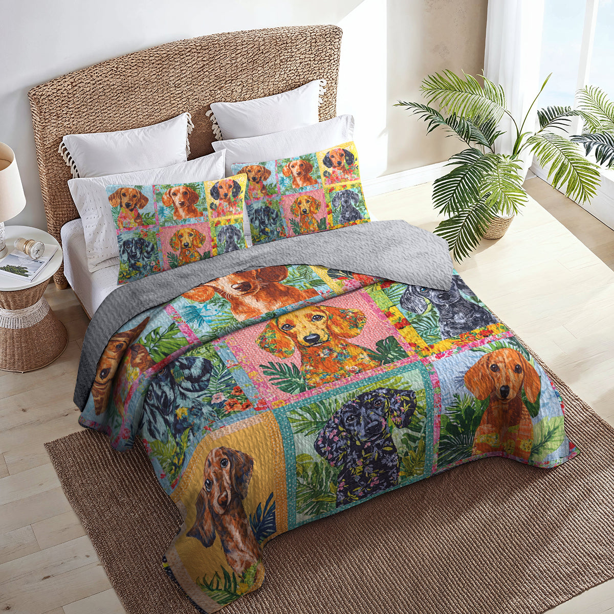 Shineful All Season Quilt 3-Piece Set Dachshund Patchwork Collection