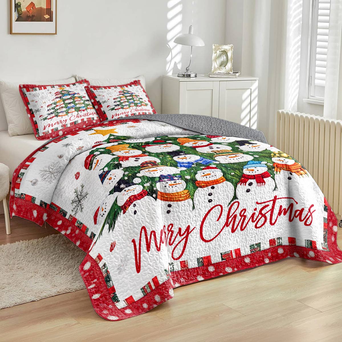 Shineful All Season Quilt 3-Piece Set Merry Christmas Snowmen